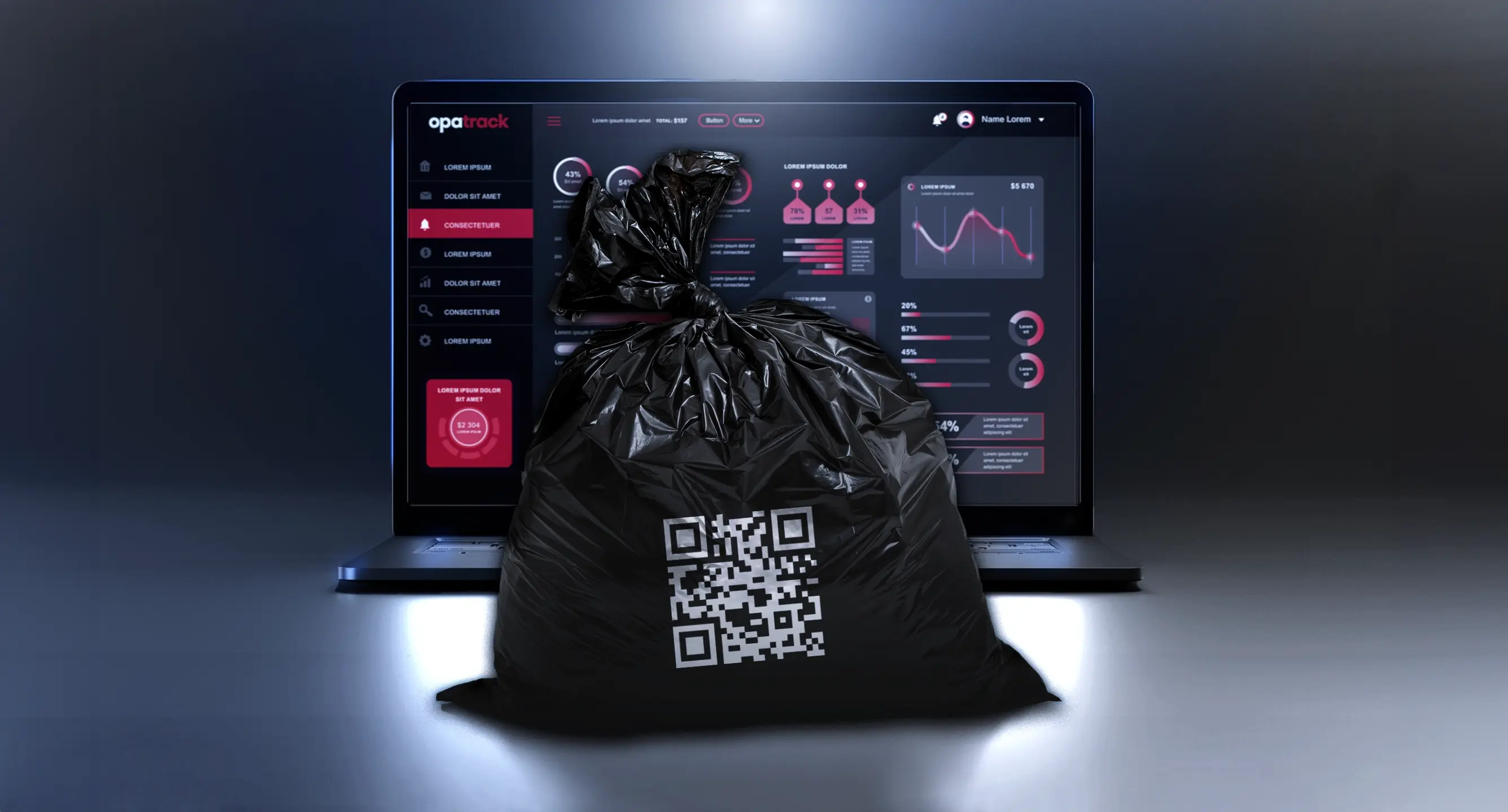bin bag in front of a laptop with data interface